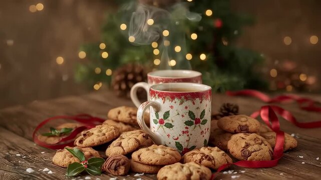 Steaming two holly mugs curling steam as drink warming on wood table with cookies camera shifting