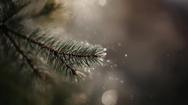 Swaying single conifer branch releasing fine particles after light gust at forest macro, with bokeh