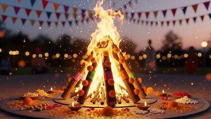 Lohri festival celebration with bright glowing bonfire decorated with marigold flowers traditional offerings colorful grains lamps and festive banners creating a warm vibrant Indian harvest atmosphere