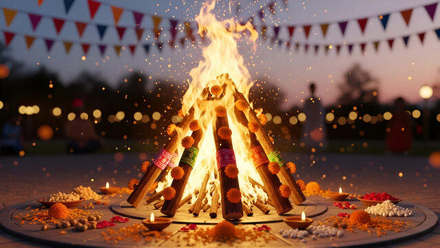 Lohri festival celebration with bright glowing bonfire decorated with marigold flowers traditional offerings colorful grains lamps and festive banners creating a warm vibrant Indian harvest atmosphere