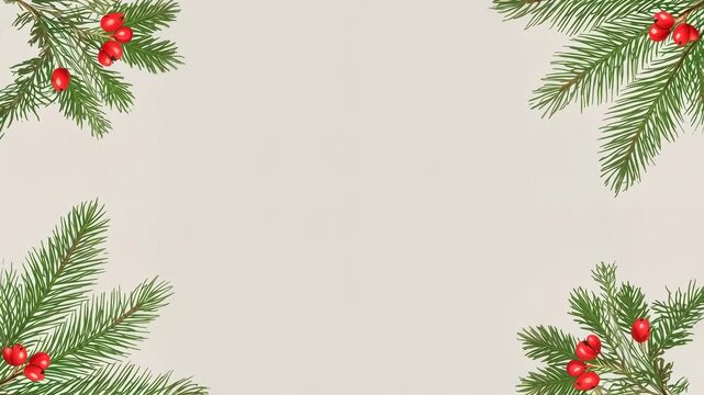 Looping evergreen corner sprigs gently swaying at beige marble center for text overlay, red berries