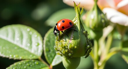 Obraz premium Ladybug on a Rose Bud - A Natural Pest Control Solution.