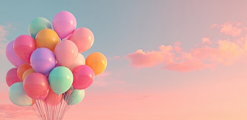 A cluster of colorful balloons float against a serene pastel sky with soft clouds