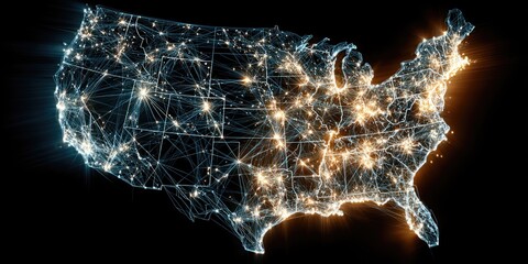 Illuminated network connecting cities across the United States on a dark background