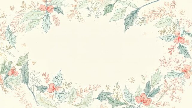 Shifting hand-drawn border moving on cream paper, loop starting, revealing holly, berries for text