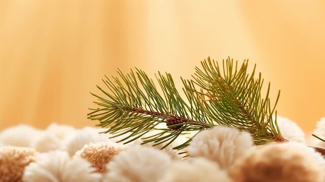 Shifting pine branch with small cone settling on tabletop with backlight brightening amid pom-poms