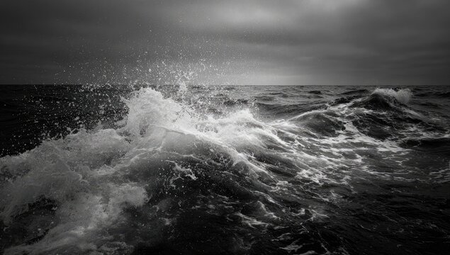 Dramatic black and white waves crashing under a stormy, cloudy sky