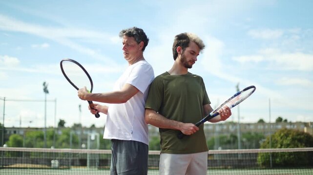 Father and son tennis players posing back to back on a clay court