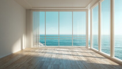 Fototapeta premium Spacious room with large windows overlooking a calm ocean