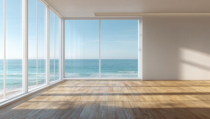 Obraz premium Sunlit spacious room with expansive windows overlooking a calm ocean