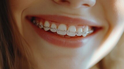 Obraz premium Confident Smile with Braces. Close-Up of a Woman's Smile Showcasing Orthodontic Treatment. Dental Health, Braces