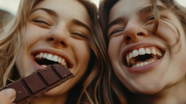 Two smiling women enjoying a moment together with chocolate.