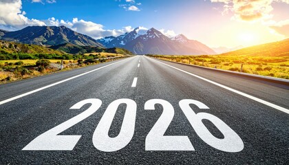 An open road stretches toward the distant mountains, emblazoned with the year 2026, conveying a sense of anticipation and the promise of new beginnings. The vibrant sunrise illuminates the path ahead.