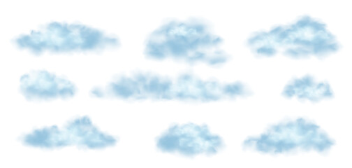 Set of Vector Realistic Cloud, Smoke or Fog. Fluffy Cloudscape. Overlay Transparent Cloud. Transparent BG