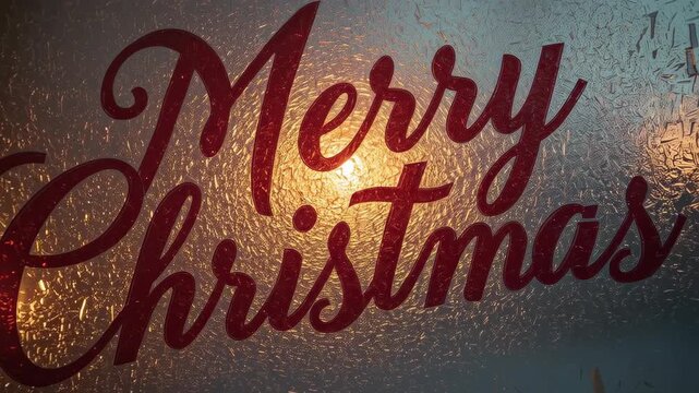 Brightening warm backlight making red Merry Christmas decal sharper on frosted glass at home window