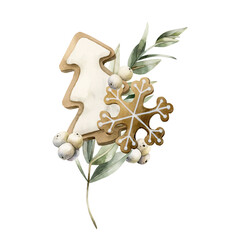 Gingerbread Christmas tree snowflake cookies with Eucalyptus branch Mistletoe berries. Watercolor hand drawn isolated illustration on white background for winter New Year design cards holiday print