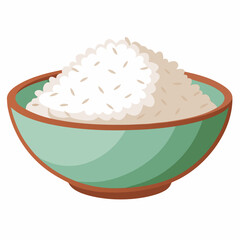 A stylized illustration of a teal bowl filled with fluffy white steamed rice, ready to be served.