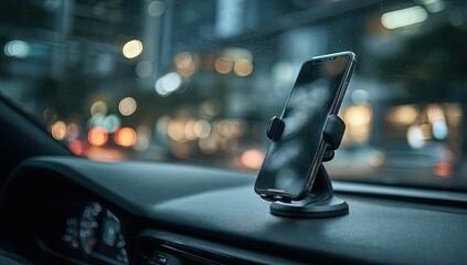Smartphone mounted on car dashboard at night, city lights blurred