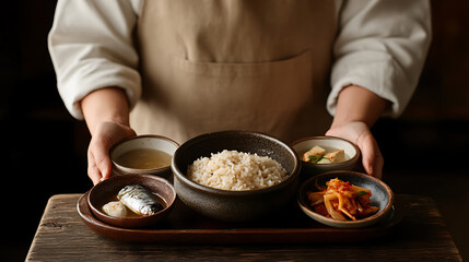 Person presenting a balanced meal on a wooden tray with a variety of side dishes, including kimchi, fish, and broth, alongside a bowl of rice. A visually appealing and nutritious food display.