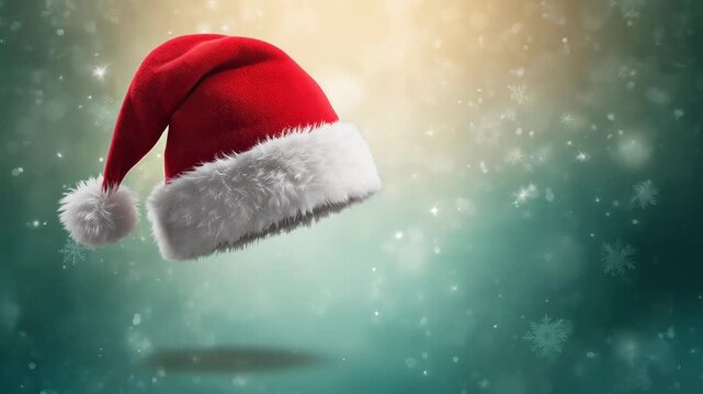 Looping red Santa hat bobbing and tilting in teal bokeh with falling flakes, creating festive mood