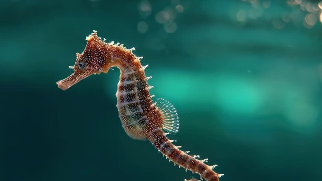 A seahorse underwater with a curled tail and spiky fins against a teal-blue, blurred background.