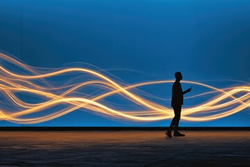 Man Using Smartphone With Dynamic Light Trails