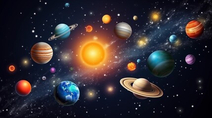 Vivid depiction of the solar system with planets orbiting the sun for astronomy education, space science learning, and cosmic exploration concept background.