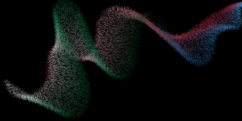 Abstract flowing particle wave made of thousands of fine hair-like strands forming a smooth S-curve, transitioning from green to pink to blue on a pure black background, dynamic motion, soft lighting