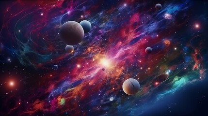 Vibrant cosmic nebula with floating planets and glowing light for space exploration, astronomy backgrounds, and science fiction atmosphere concepts.