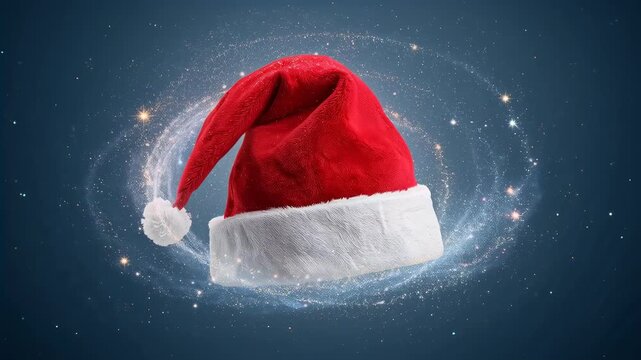 Opening shot revealing red Santa hat rotating and tilting at center of galaxy, showing folds