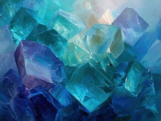 Abstract oil painting of crystalline formations in shades of blue and turquoise