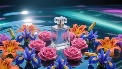 Minimalist perfume bottle amid many flowers with a water background.