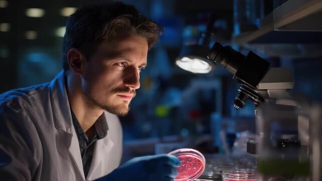A scientist in a lab coat examines petri dishes under a microscope in a modern laboratory.