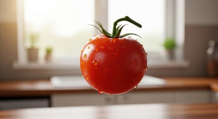 Fresh tomato glistening with droplets against a bright kitchen backdrop with sunlight