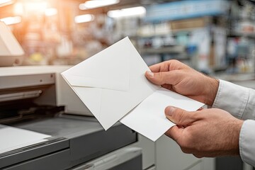 Person holding white envelope and paper next to a printing machine in an office