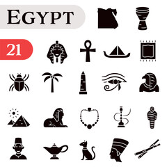 A set of stylish Doodle icons dedicated to Egypt, covering culture, architecture, and cuisine.