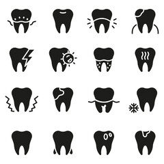 A set of black silhouette icons depicting teeth and dental problems. Various dental conditions.