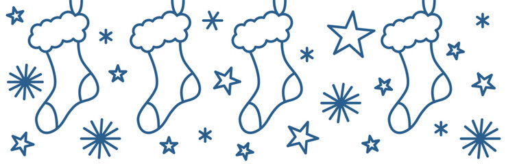 Festive pattern with Christmas stockings. Simple linear style in blue.