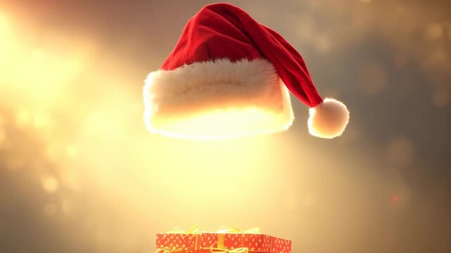 Rising red Santa hat floating upward at warm studio as backlight brightens, revealing stacked gifts