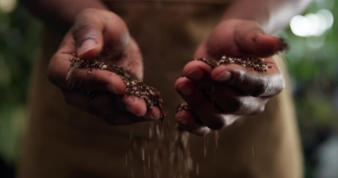 Agriculture, quality check and hands with soil, farm or process with fertilizer or eco friendly dirt. Texture, inspection and person with compost for gardening, sustainability and organic nutrition