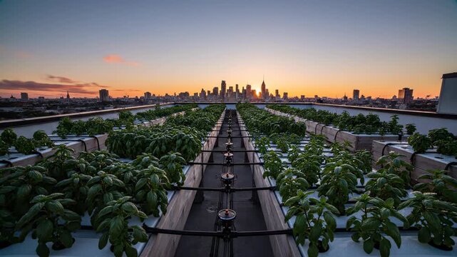 Accelerated time lapse showing the movement of sunlight and shadows across a complex irrigation system and rows of maturing herbs on a building's roof Accelerated time lapse, cultivation, outdoor