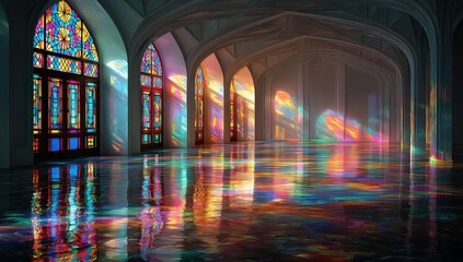 Sunlight streams through ornate stained glass windows, illuminating a grand hall's polished floor