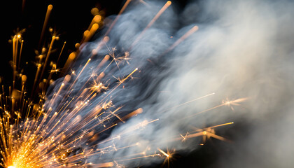 The Smoke and Gold Veil. Happy New Year. Golden firework explosion where the golden sparks are momentarily seen through a thin translucent veil of white firework smoke drifting across the sky.
