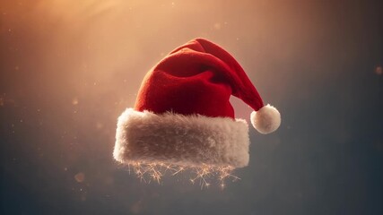 Floating red Santa hat bobbing and tilting at studio gradient backdrop, fur trim sparking filaments