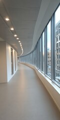 Obraz premium Empty, curved modern office corridor with large windows and city view