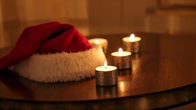 Shifting camera revealing red Santa hat on table at home to emphasize three tealight reflections