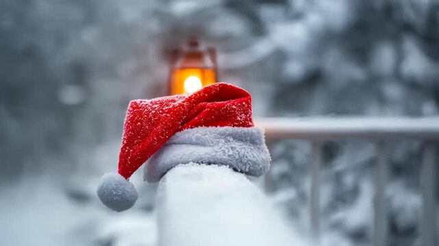 Moving camera bringing red Santa hat closer on snowy railing to reveal snowy trim, lantern glow
