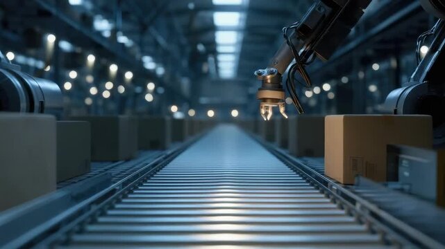 Industrial robots pick and place a box on a conveyor belt in a modern manufacturing line.