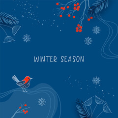 Winter season greeting card with cute bird, winter branches and abstract graphic elements. Christmas and New Year abstract blue background