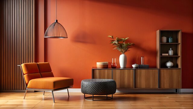 Minimalist and colorful interior with a vivid orange wall, dark wooden cabinet
